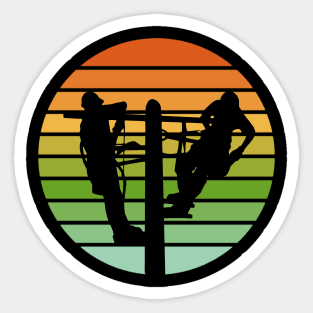 Lineman Repairing Damaged Power Lines Retro Sunset Sticker